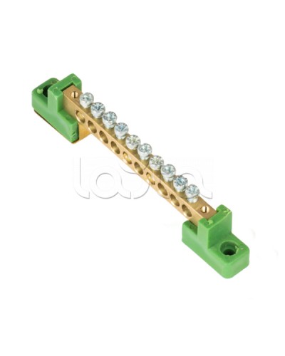 Шина 0 PE 6x9мм 10 отверстий латунь с контактной пластиной 2 зелёных угловых изолятора EKF (sn0-63-10-2-pe) в Иваново Клеммные колодки Pintop.ru