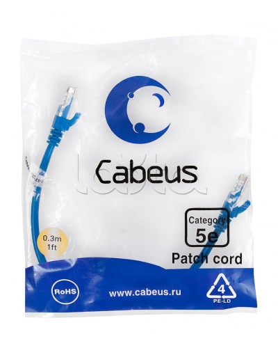Патч-корд UTP, категория 5e, 0.3 м, неэкранированный, синий Cabeus PC-UTP-RJ45-Cat.5e-0.3m-BL в Иваново Патчкорды (медные) Pintop.ru