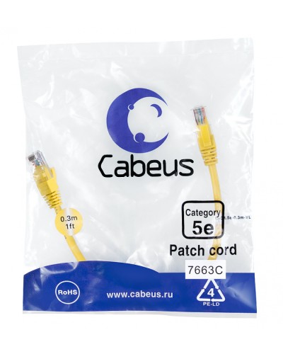 Патч-корд UTP, категория 5e, 0.3 м, неэкранированный, желтый Cabeus PC-UTP-RJ45-Cat.5e-0.3m-YL в Иваново Патчкорды (медные) Pintop.ru