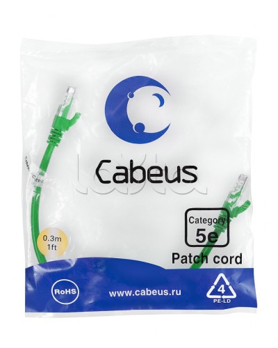Патч-корд UTP, категория 5e, 0.3 м, неэкранированный, зеленый Cabeus PC-UTP-RJ45-Cat.5e-0.3m-GN в Иваново Патчкорды (медные) Pintop.ru