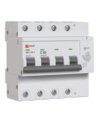 Дифференциальный автомат АД-4 63А/ 30мА (хар. C, AC, электронный) 6кА EKF PROxima (DA4-6-63-30-pro) в Иваново Электротехническое оборудование Pintop.ru