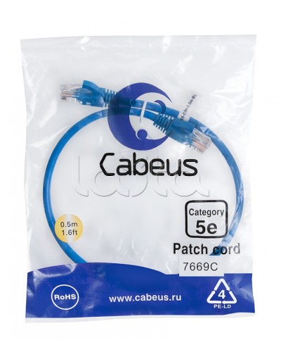 Патч-корд UTP, категория 5e, 0.5 м, неэкранированный, синий Cabeus PC-UTP-RJ45-Cat.5e-0.5m-BL в Иваново Патчкорды (медные) Pintop.ru