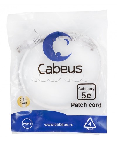 Патч-корд UTP, категория 5e, 0.5 м, неэкранированный, белый Cabeus PC-UTP-RJ45-Cat.5e-0.5m-WH в Иваново Патчкорды (медные) Pintop.ru