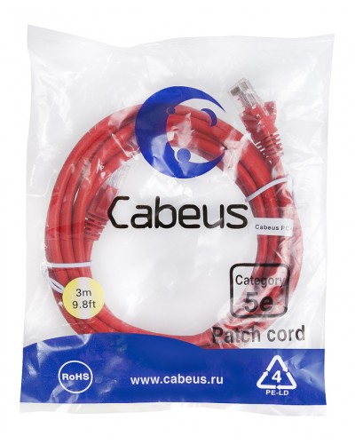 Патч-корд медный U/UTP кат.5е (3м) LSZH (красный) Cabeus (PC-UTP-RJ45-Cat.5e-3m-RD-LSZH) в Иваново Патч-корды и пигтейлы Pintop.ru