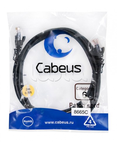 Патч-корд UTP, категория 6, 2 м, неэкранированный, черный Cabeus PC-UTP-RJ45-Cat.6-2m-BK в Иваново Патчкорды (медные) Pintop.ru
