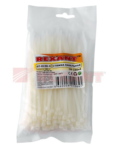 Хомут-стяжка нейлоновый 4х150 мм белый (100шт/уп) REXANT 07-0150-4 в Иваново Стяжки-хомуты Pintop.ru